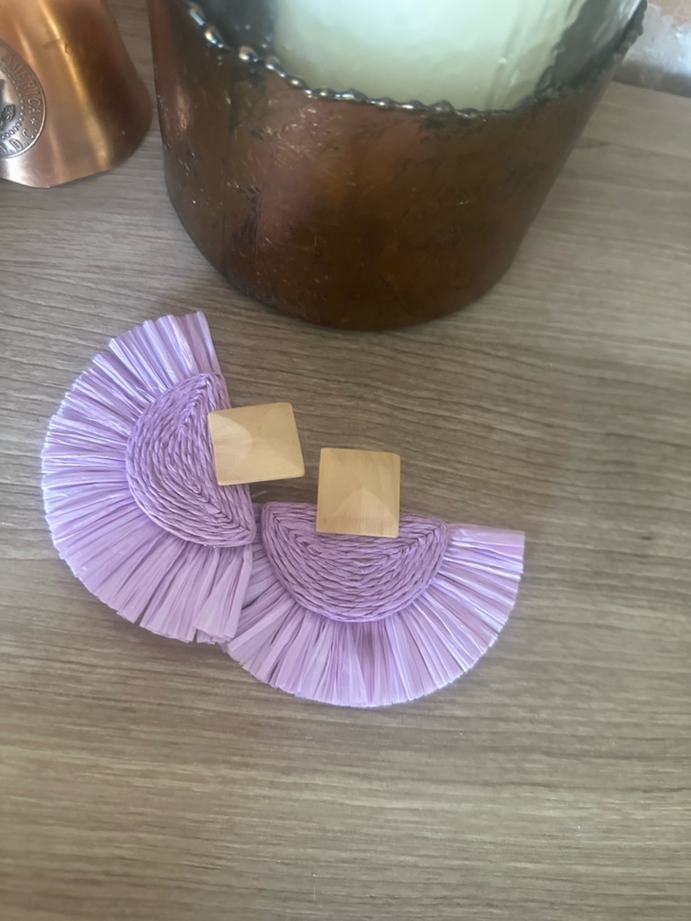 Anthropologie Lavender Raffia Fan Earrings with Square Studs